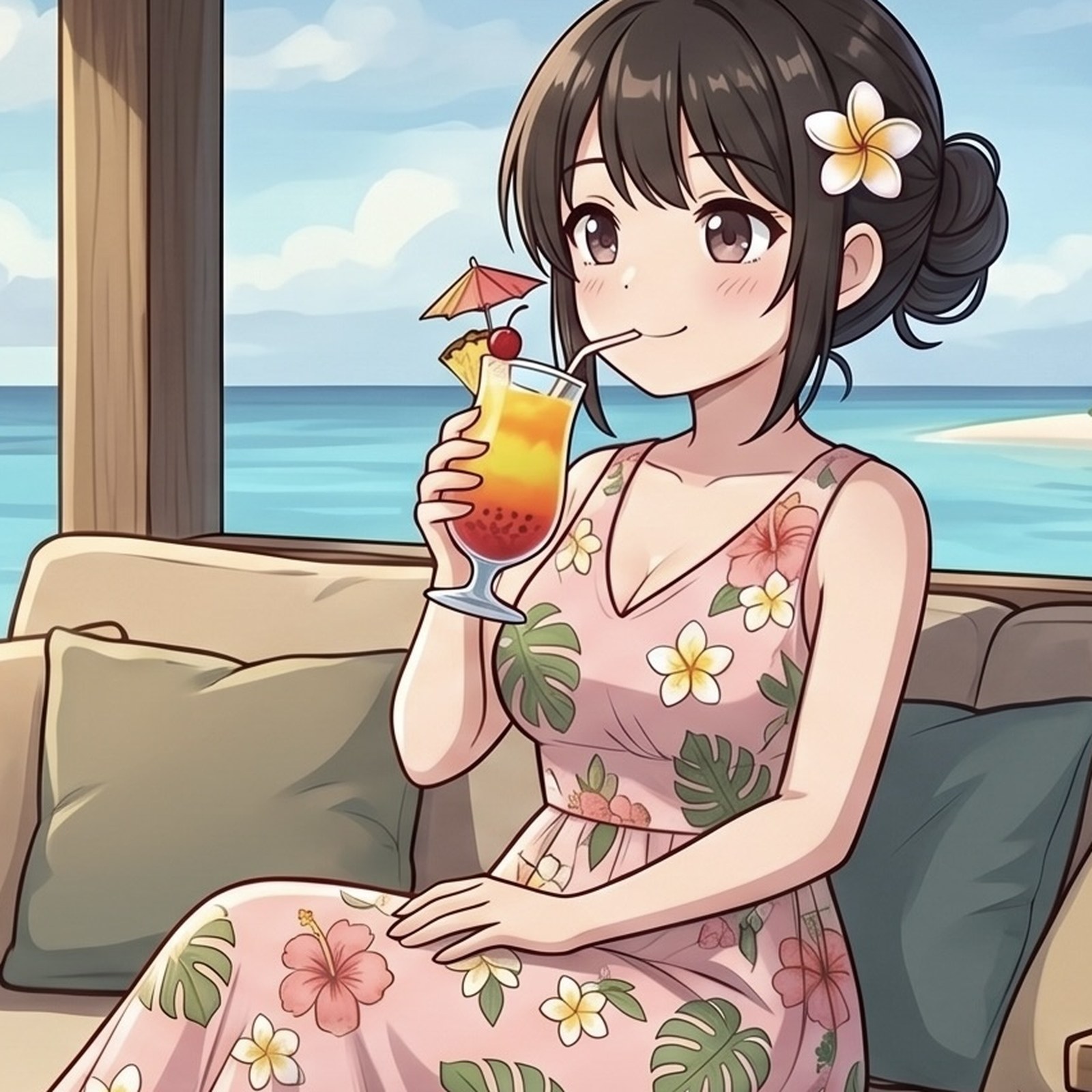 モルディブの水上コテージでトロピカルドリンクを飲むもち子