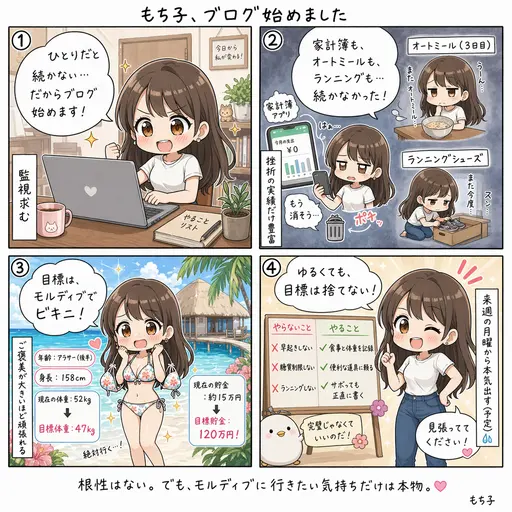【ブログ開始】モルディブでビキニを着るため、20代後半OLが人生をやり直そうとしています(4コマ漫画)