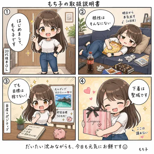 【自己紹介】もち子の取扱説明書 〜性格・口ぐせ・聖域〜(4コマ漫画)