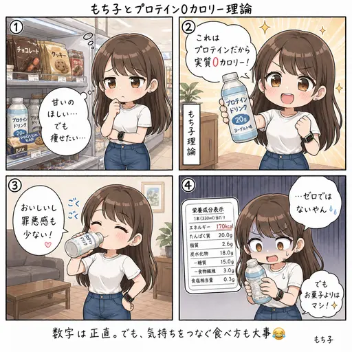 【もち子の理論】プロテインかければ0カロリーです。あ、嘘です(4コマ漫画)