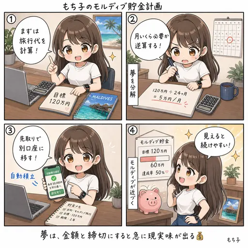 【作戦会議】モルディブ貯金120万円の内訳と、月いくら貯めれば届くかの試算(4コマ漫画)