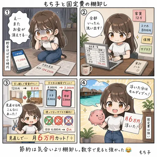 【お金の話】家計を全部洗い直したら、月6万円浮いた話(いまの固定費、晒します)(4コマ漫画)