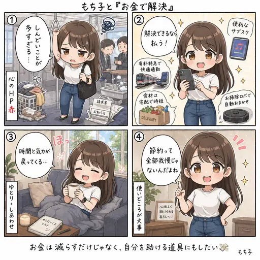 【方針】お金で解決できることは、お金で解決します。根性ゼロのもち子の宣言(4コマ漫画)