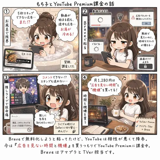 【課金の話】YouTube Premiumは「広告を見ない時間」を買うサブスクだと思って払ってる(4コマ漫画)