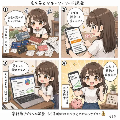 マネーフォワードME課金の話。モルディブ貯金と同時に始めた必需サブスク(4コマ漫画)