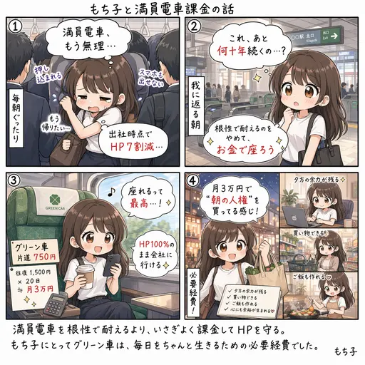 通勤のグリーン車課金を始めた。満員電車はもう無理と認めた話(4コマ漫画)