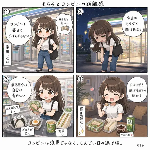 【食事】コンビニは「たまに」。しんどい時の逃げ場として置いておきます(4コマ漫画)