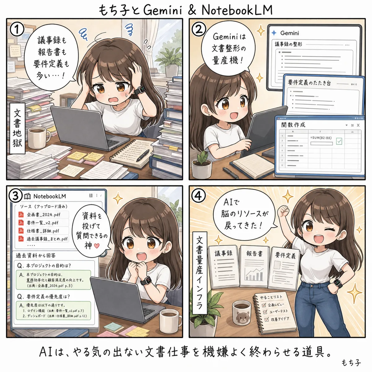 もち子とGemini & NotebookLM(4コマ)