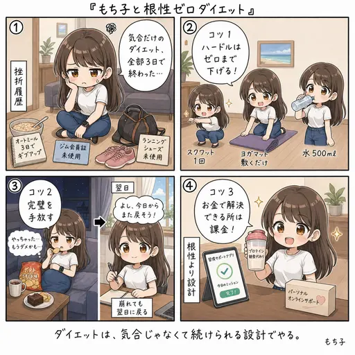 ダイエットが続かない人のための3つのコツ。根性ゼロでも続く、気合は早めに諦める(4コマ漫画)