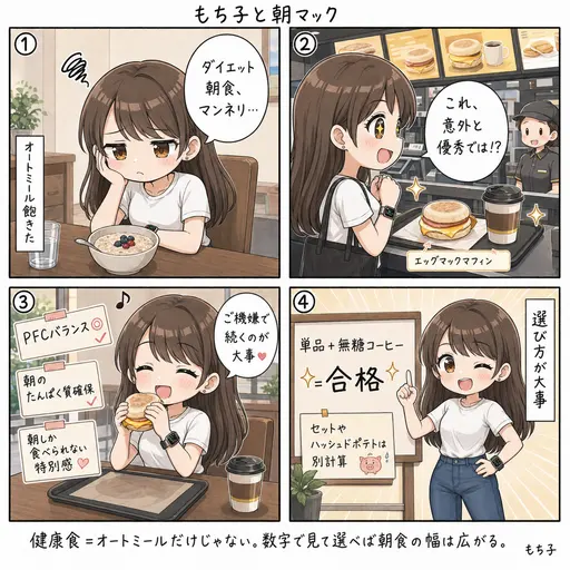 【食事】ダイエット中の朝食、エッグマックマフィン推しです。PFCバランス意外といい(4コマ漫画)