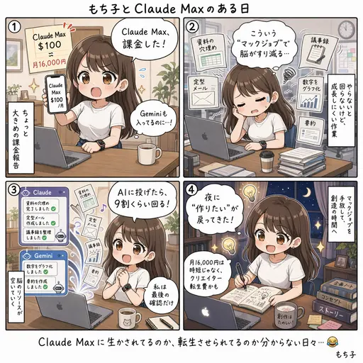 【ガジェット】Claude Max $100プランに課金した話。月16,000円は、マックジョブから抜けるための脳のリソース代です(4コマ漫画)