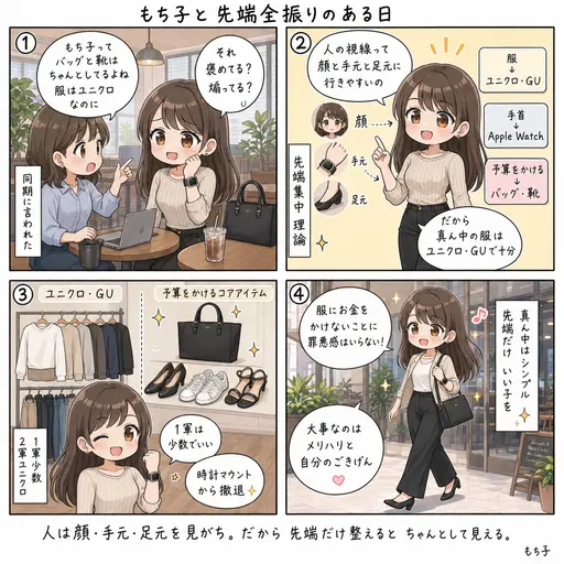 服はユニクロ、時計はApple Watch。バッグと靴に全振りする”先端集中”理論(4コマ漫画)