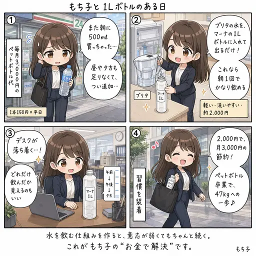 マーナの1Lボトルとブリタで、ペットボトル卒業しました。月3,000円が浮いた話(4コマ漫画)