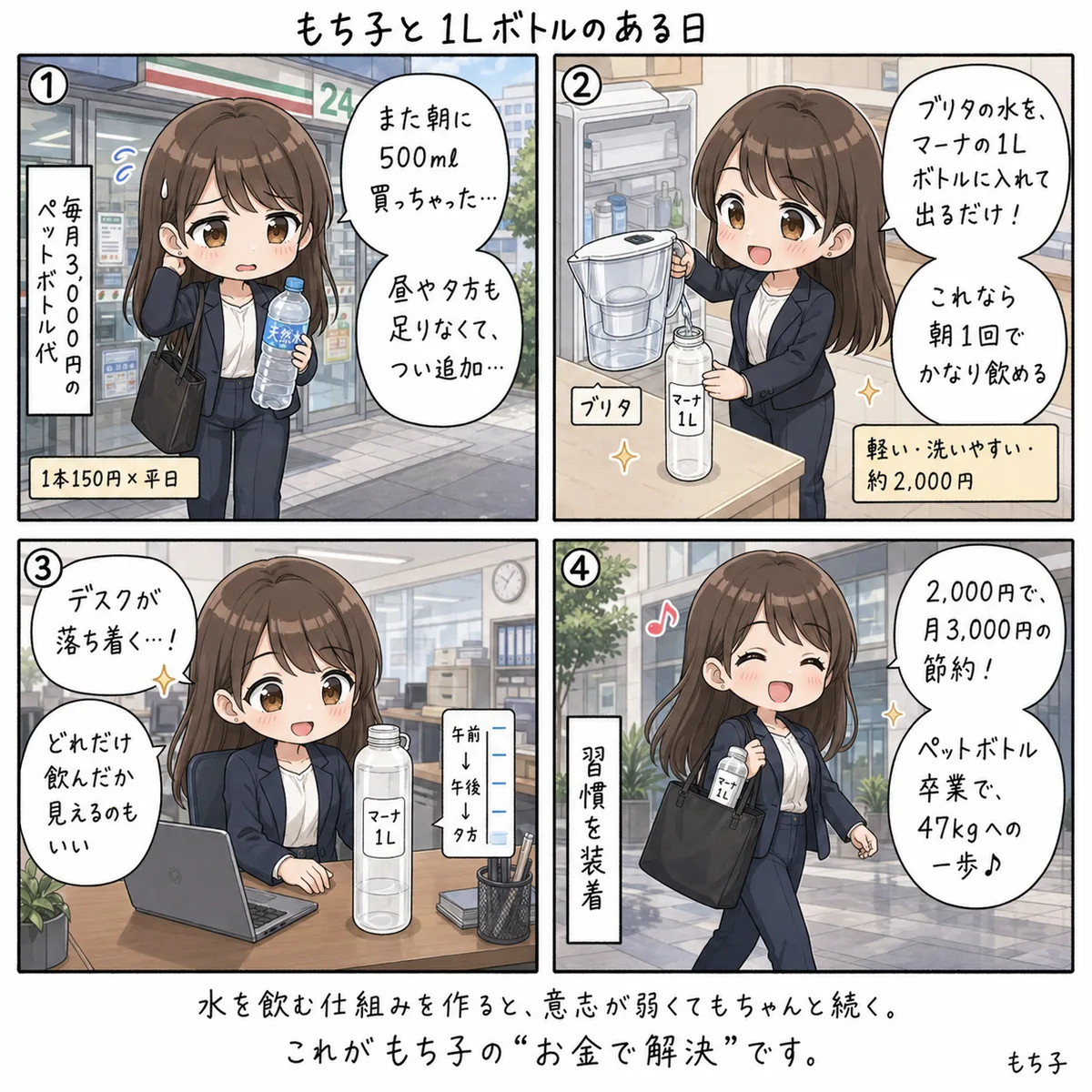 もち子とマーナの1Lボトル(4コマ)
