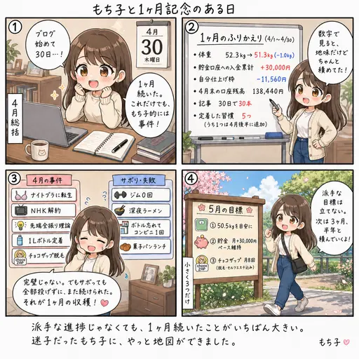 【1ヶ月記念】ブログ開始から30日。4月のもち子、体重・貯金・記事・サボり全部晒します(4コマ漫画)