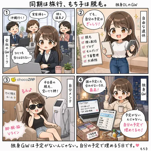 【GW】同期は旅行、もち子は脱毛。独身OLのGWは、誰の予定にも合わせない5日です(4コマ漫画)