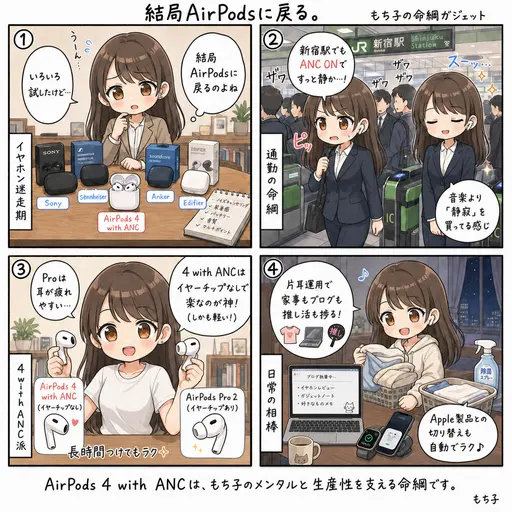 AirPods 4 with ANCのレビュー。SonyもSennheiserも試して結局戻った理由(4コマ漫画)