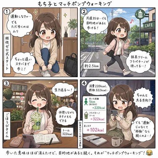 【マッチポンプウォーキング】片道35分歩いてスタバでフラペチーノ飲んで歩いて帰る、根性ゼロもち子の日曜午後(4コマ漫画)