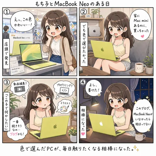 MacBook Neo・シトラスがいなかったら、このブログ始まってない。色で選んだPCの話(4コマ漫画)