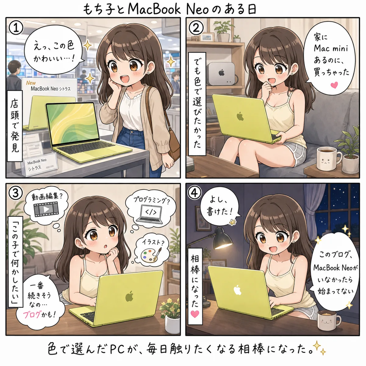 もち子とMacBook Neo・シトラス(4コマ)