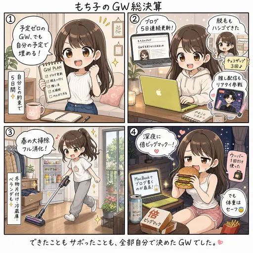 【GW最終日】予定ゼロのGW、もち子は何ができて何をサボったか。独身OL5日間の総決算(4コマ漫画)