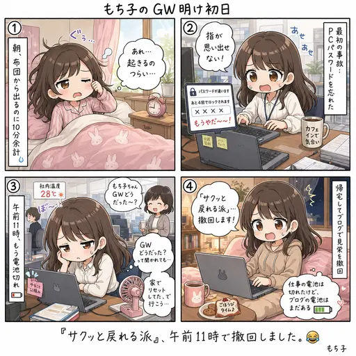 【GW明け初日】「サクッと戻れる派」を撤回します。午前11時で電池が切れた木曜日(4コマ漫画)