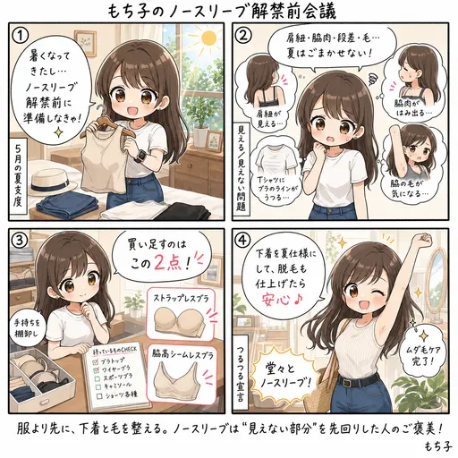 ノースリーブのブラ問題を5月中に片付ける。肩紐・脇・毛の下着会議とつるつる宣言(4コマ漫画)