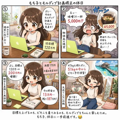 【モルディブ計画修正】目標貯金を120万→200万に増額します。物価高の現実と、47kg前にビキニ予行演習を始める話(4コマ漫画)