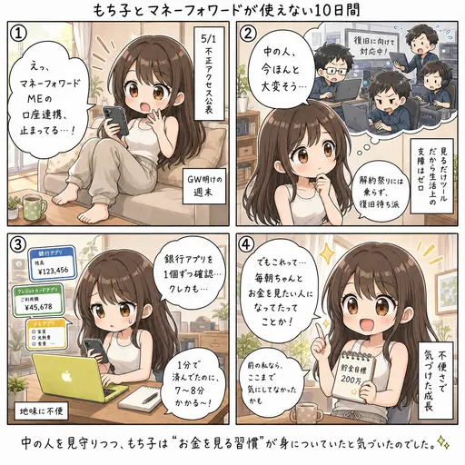 不便さで気づける成長。マネーフォワードが使えない10日間で、もち子の意識が変わってたと知った話(4コマ漫画)