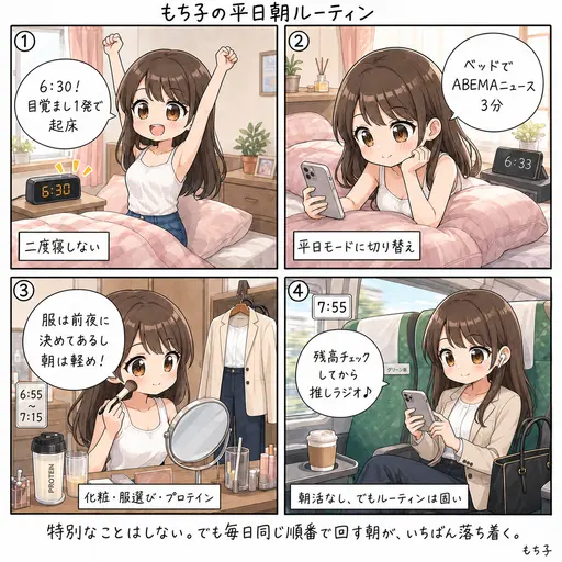 もち子の平日朝、起きてから出社までの実況。朝活はしてないけど、ルーティンはちゃんとある(4コマ漫画)