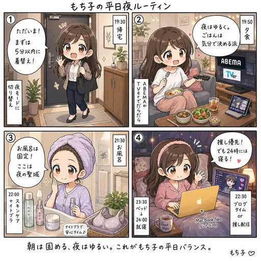 もち子の平日夜、帰宅から就寝までの動き。朝は固める派、夜はゆるい派(4コマ漫画)