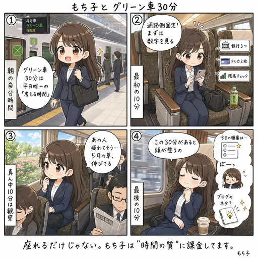 グリーン車に座る30分、もち子の頭の中で起きていること(4コマ漫画)