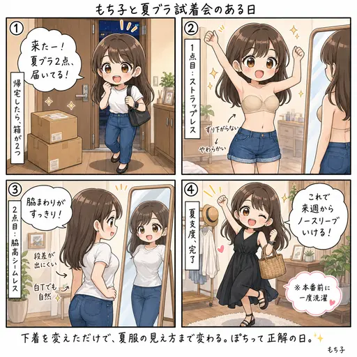 ストラップレスブラと脇高シームレスブラのレビュー。家でひとり試着会した結論(4コマ漫画)
