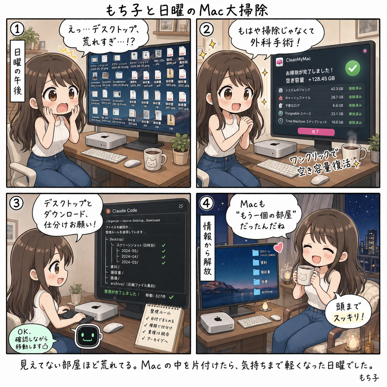 もち子と日曜のMac大掃除(4コマ)