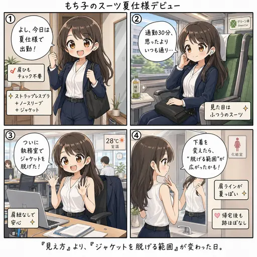 スーツの夏仕様、初投入の火曜日。ジャケットの下をノースリーブに切り替えて、執務室で脱げた日(4コマ漫画)