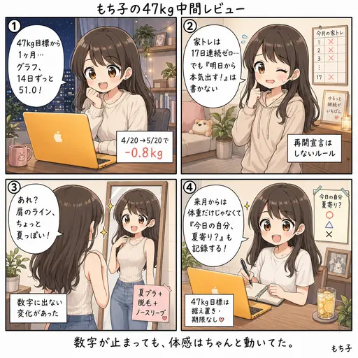 47kg目標から1ヶ月、体重は51.0で14日膠着。でも昨日、数字じゃないところで動いてた話(4コマ漫画)