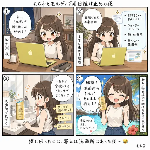 モルディブの日焼け止めはアネッサで正解だった。いま使ってるものがそのまま持ち物リストへ(4コマ漫画)