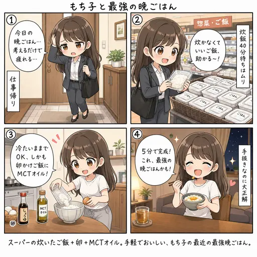 MCTオイル卵かけご飯が最強の晩御飯。スーパーの冷えたご飯はそのままでいい(4コマ漫画)