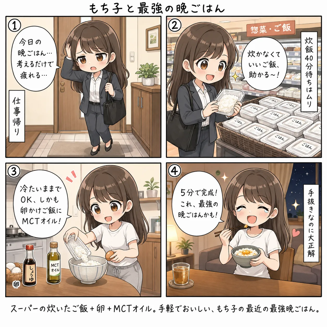 もち子とMCTオイル卵かけご飯(4コマ)