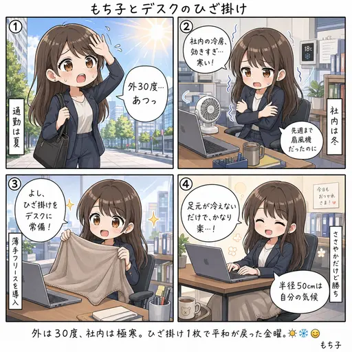 外は30度なのに、社内の冷房が寒すぎる。先週まで扇風機を回してたのに、ひざ掛けをデスクに常備した金曜(4コマ漫画)