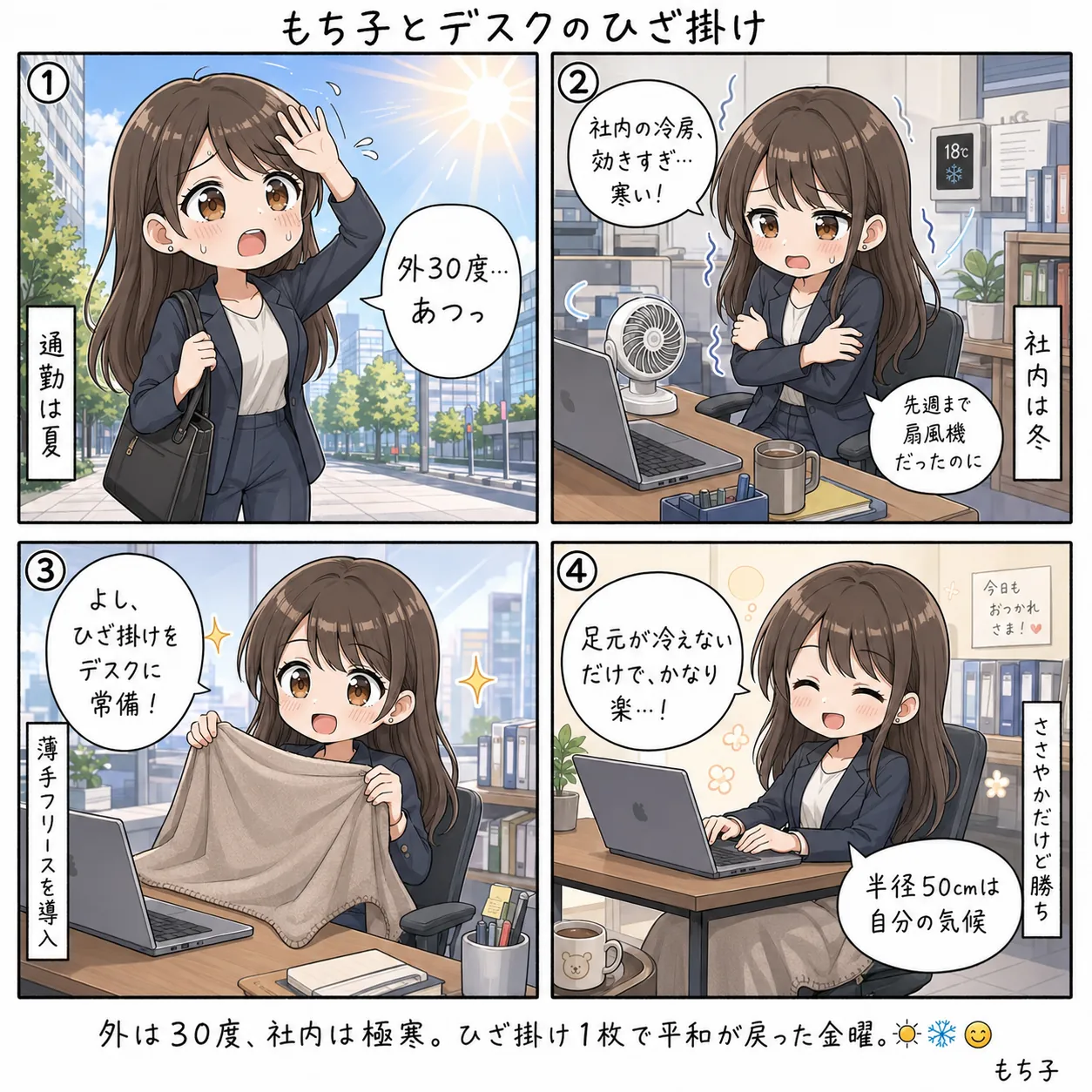もち子とデスクのひざ掛け(4コマ)