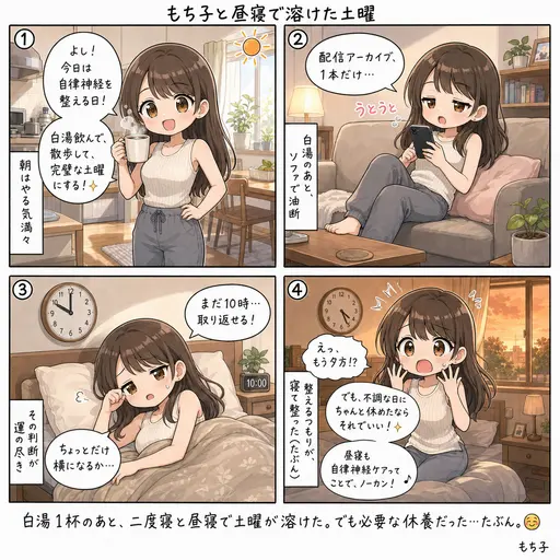 自律神経を整えるつもりだった土曜が、白湯を1杯飲んだだけで昼寝に溶けて夕方になっていた話(4コマ漫画)