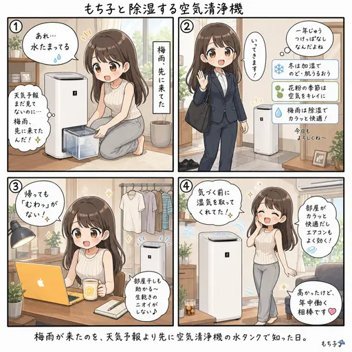 空気清浄機はつけっぱなしでいい。梅雨が来たのを、たまった水で天気予報より先に知った(4コマ漫画)
