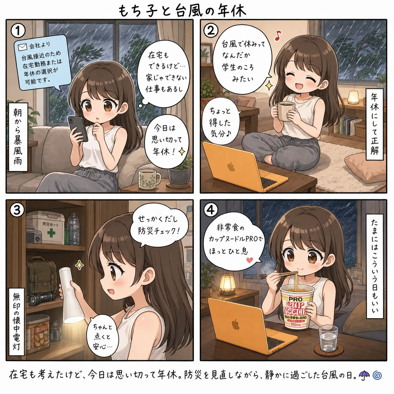 もち子と台風の年休(4コマ)