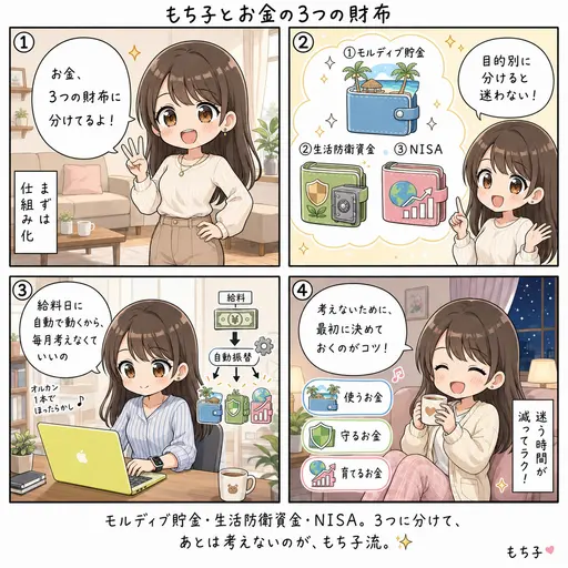 モルディブ貯金のほかに、お金は3つの財布に分けてる。生活防衛資金とNISAは“考えない”が正解だった話(4コマ漫画)