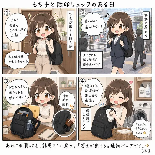無印のリュック「肩の負担を軽くする」が結局定番。ユニクロも試して何度も買い直した(4コマ漫画)