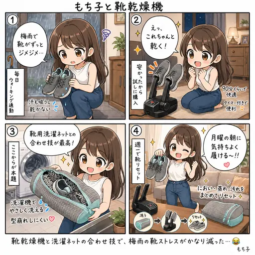靴乾燥機は安いもので十分だった。靴用洗濯ネットと合わせて梅雨の靴を週一リセット(4コマ漫画)