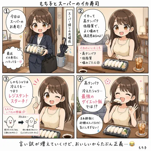 スーパーのイカのお寿司にハマってる。イカは高タンパク、シャリは冷えてレジスタントスターチ。つまり最強のダイエット飯では?(4コマ漫画)