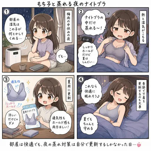 夏用ナイトブラで蒸れ対策。締め付けが寝苦しくて、通気性のいいものに買い替えた(4コマ漫画)