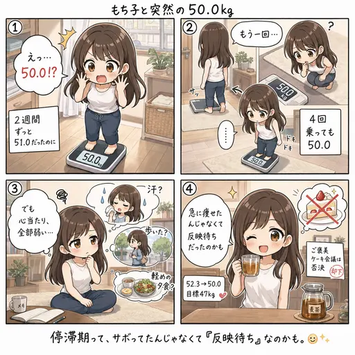 2週間ずっと51.0kgだった体重計が、今朝なぜか50.0kgになってた。何もしてないのに(4コマ漫画)